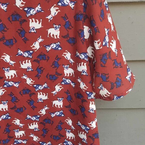Monteau LA Sheer Burgundy Button Down with Navy White Dog Print size Large - Picture 3 of 11